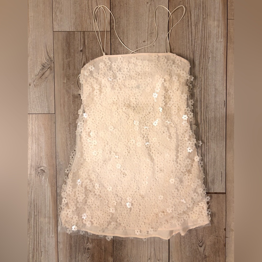 Zara Beige Floral Embellished Dress Medium Never Worn
